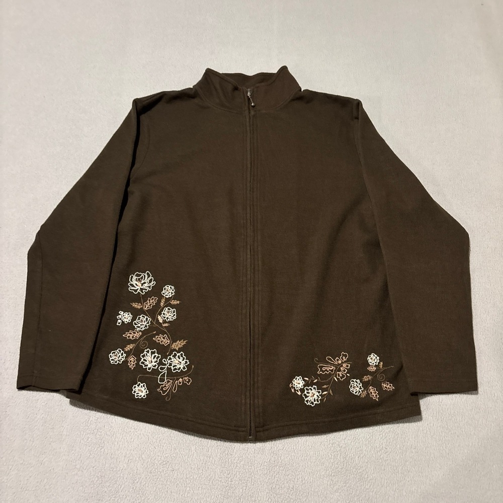 Carroll Reed Womens Large Brown Embroidered Floral Zip Up Ribbed Cardigan Jacket